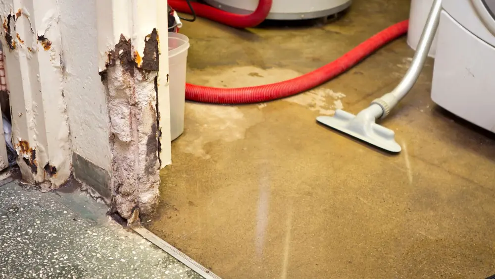 Extraction wand and red hose pulling water off a floor