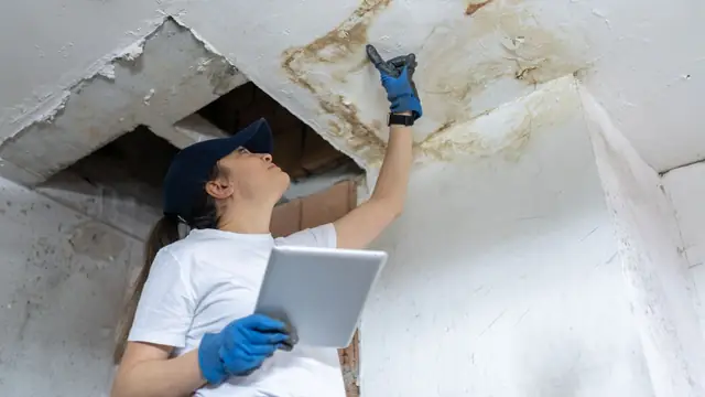 Inspector with a tablet looking at a water-stained ceiling opening