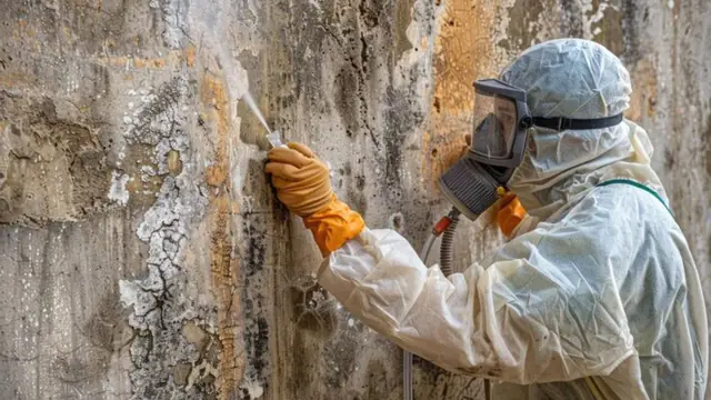 Worker in a respirator and suit scraping mold from a wall