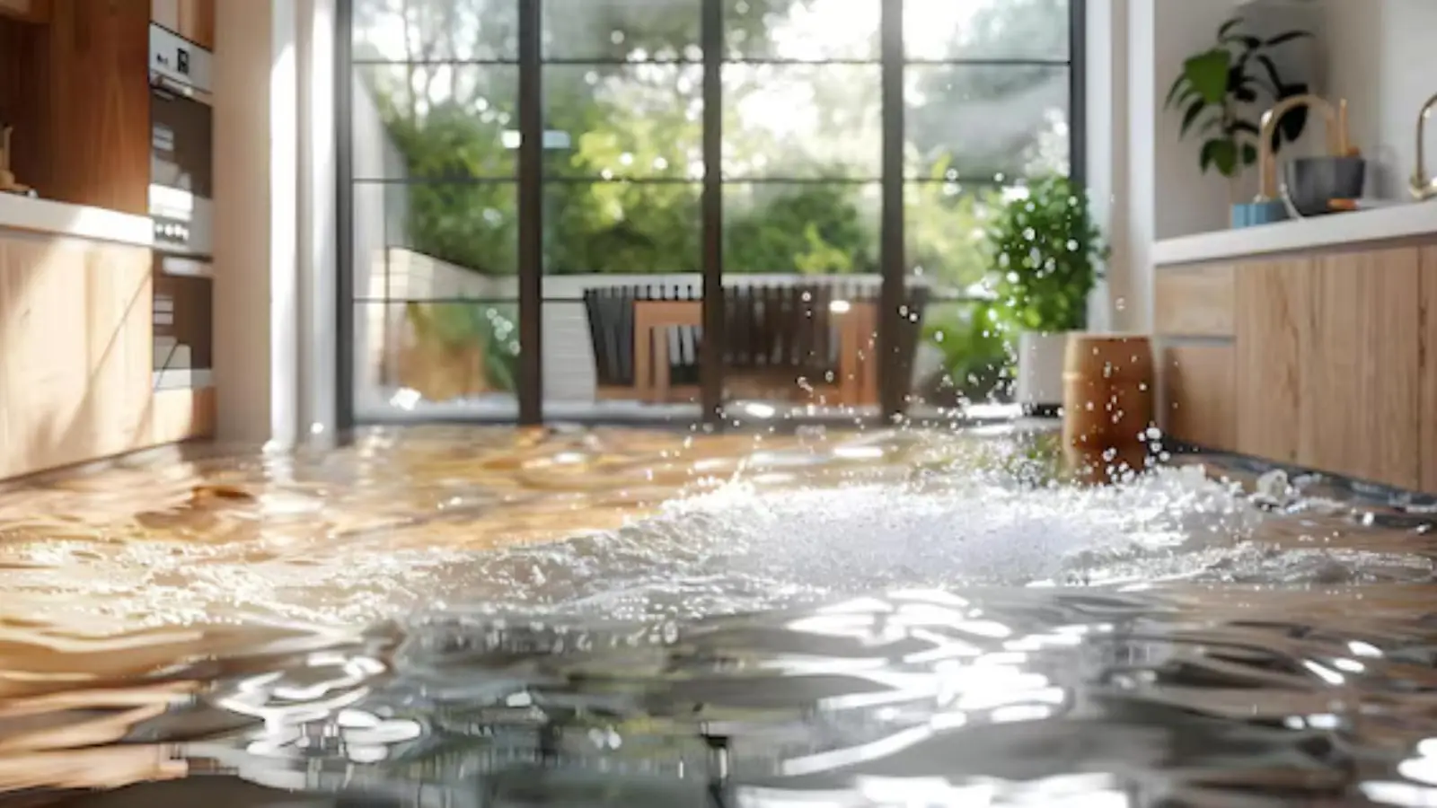 Kitchen and patio doors with water spreading across the floor