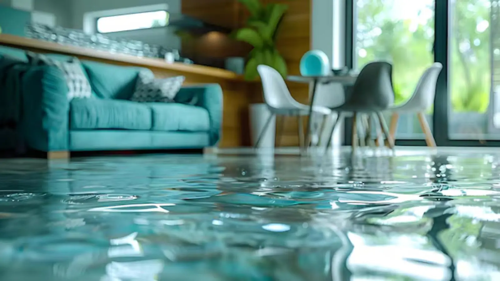 Modern living room with a teal sofa and water across the floor
